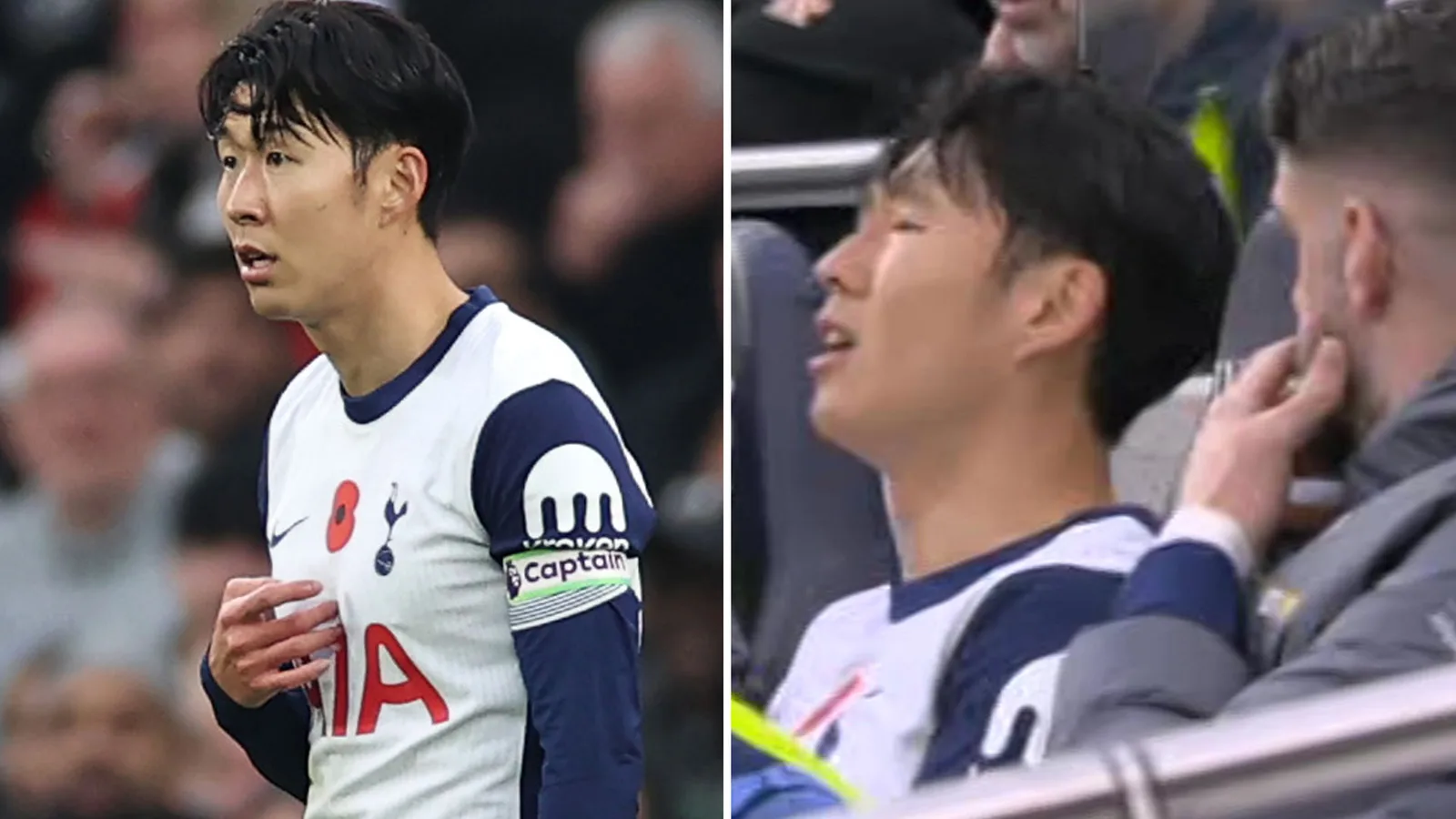 Son Heung-min s’effondre sur le banc de touche de Tottenham après avoir été visiblement choqué par l’exclusion de Postecoglou.
