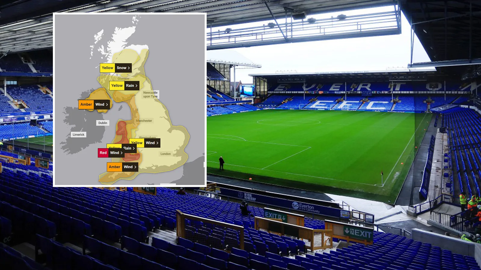 Liverpool et Everton publient une déclaration commune alors que l’on craint que les vents de 80 mph de la tempête Darragh ne reportent le derby du Merseyside