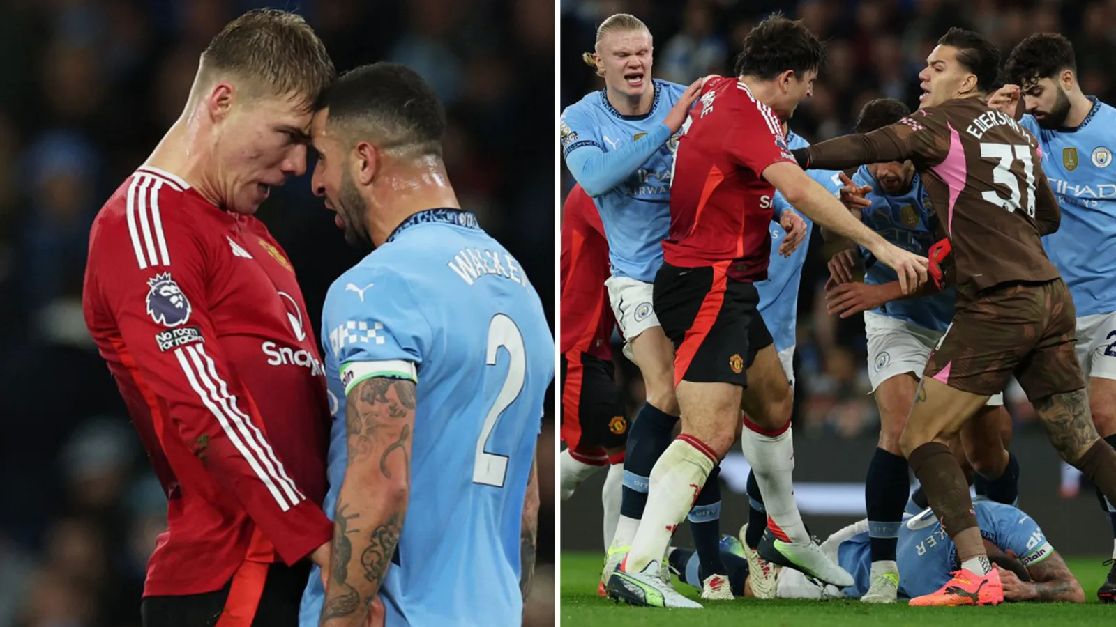 Harry Maguire, furieux, affronte Kyle Walker dans une énorme dispute alors que le choc de Man Utd à Man City sombre dans le chaos