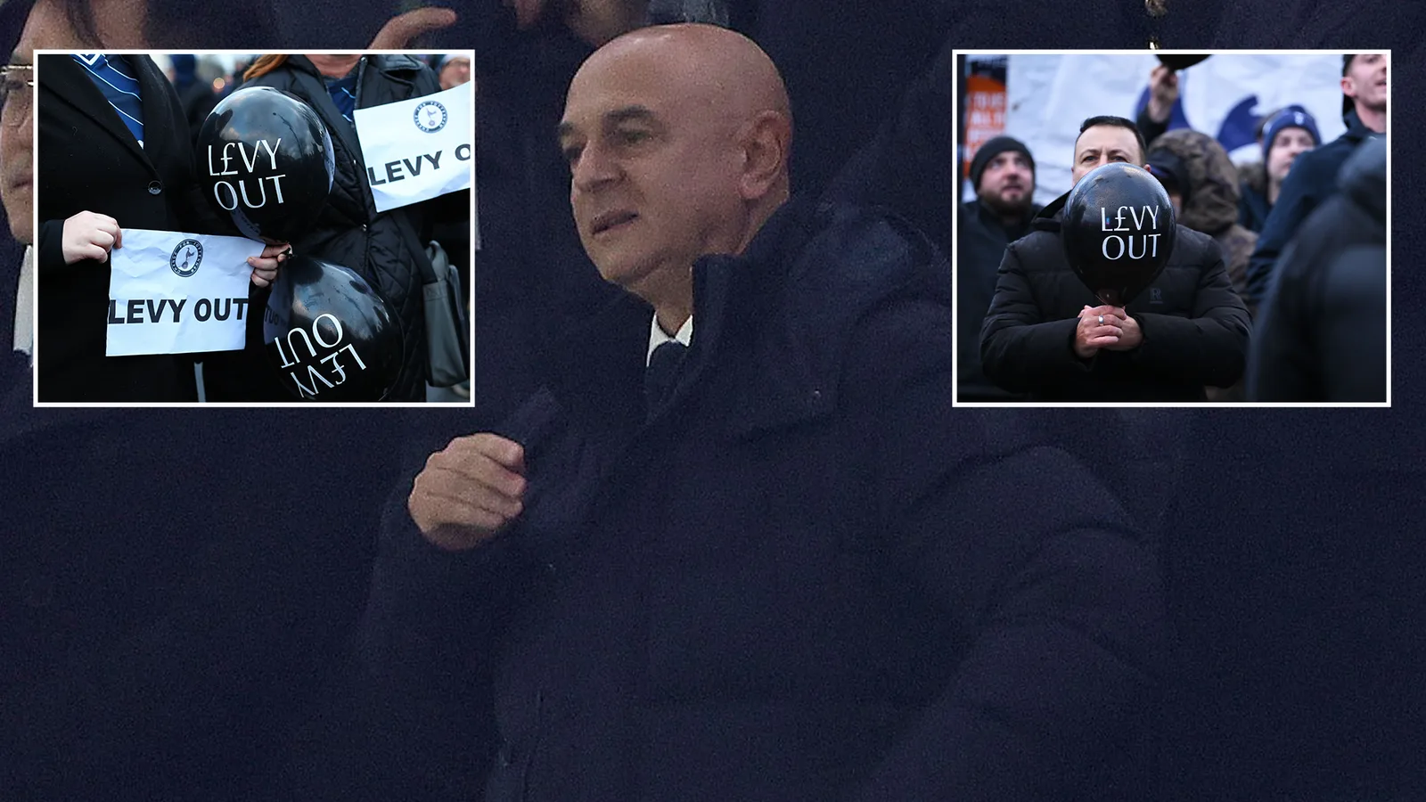 Les fans de Tottenham protestent contre « Levy out » avec des ballons noirs alors que le président des Spurs regarde maladroitement la défaite de Liverpool