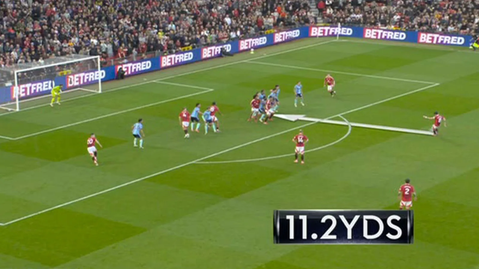 Arsenal Wall était à 11,2 verges pour le superbe coup franc de Bruno Fernandes alors que les fans furieux claquent l’arbitre Anthony Taylor