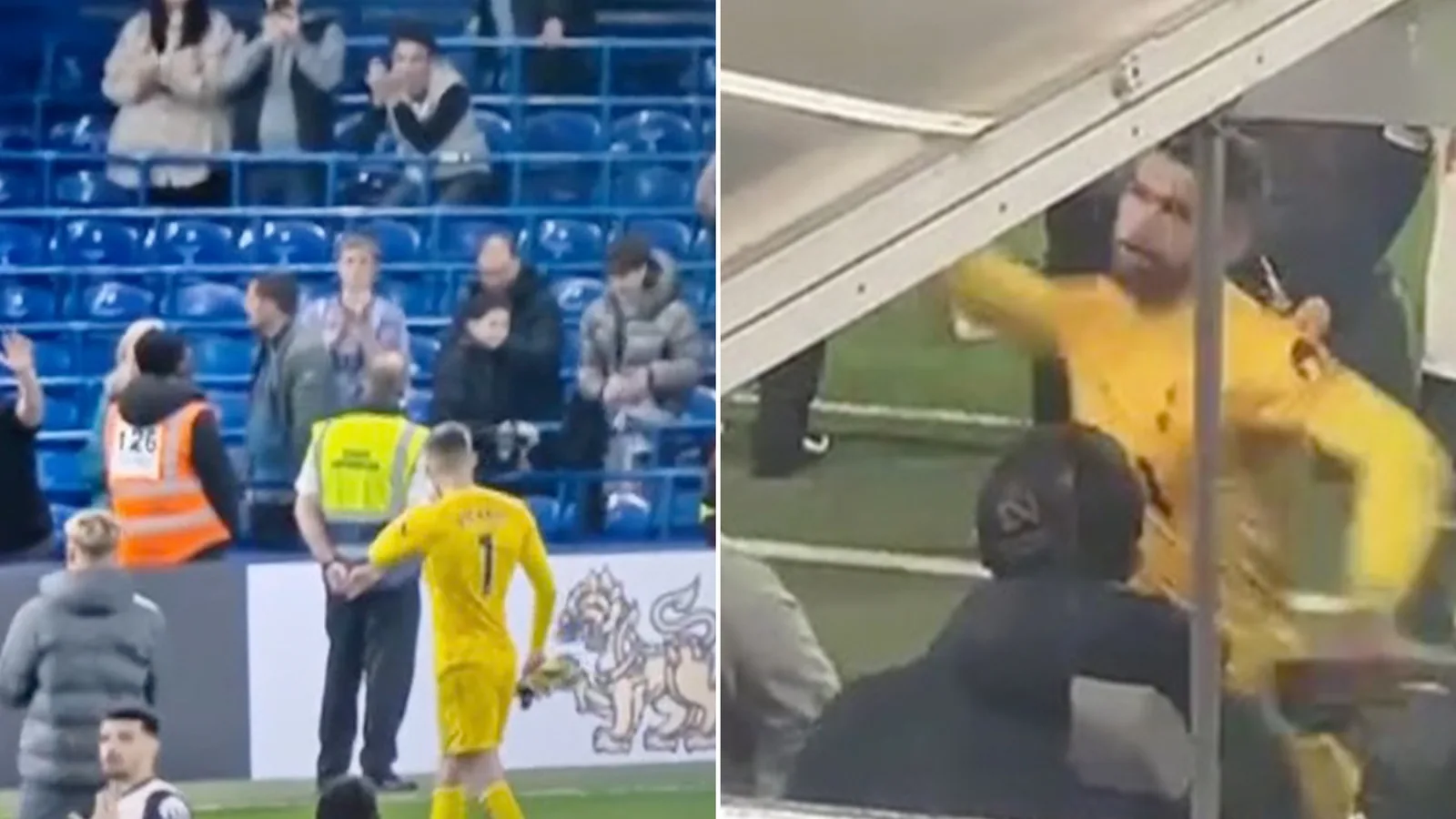 Le gardien de Tottenham, Vicario, semble chasser les fans de fumier des Spurs puis frappe le tunnel après la défaite de Chelsea