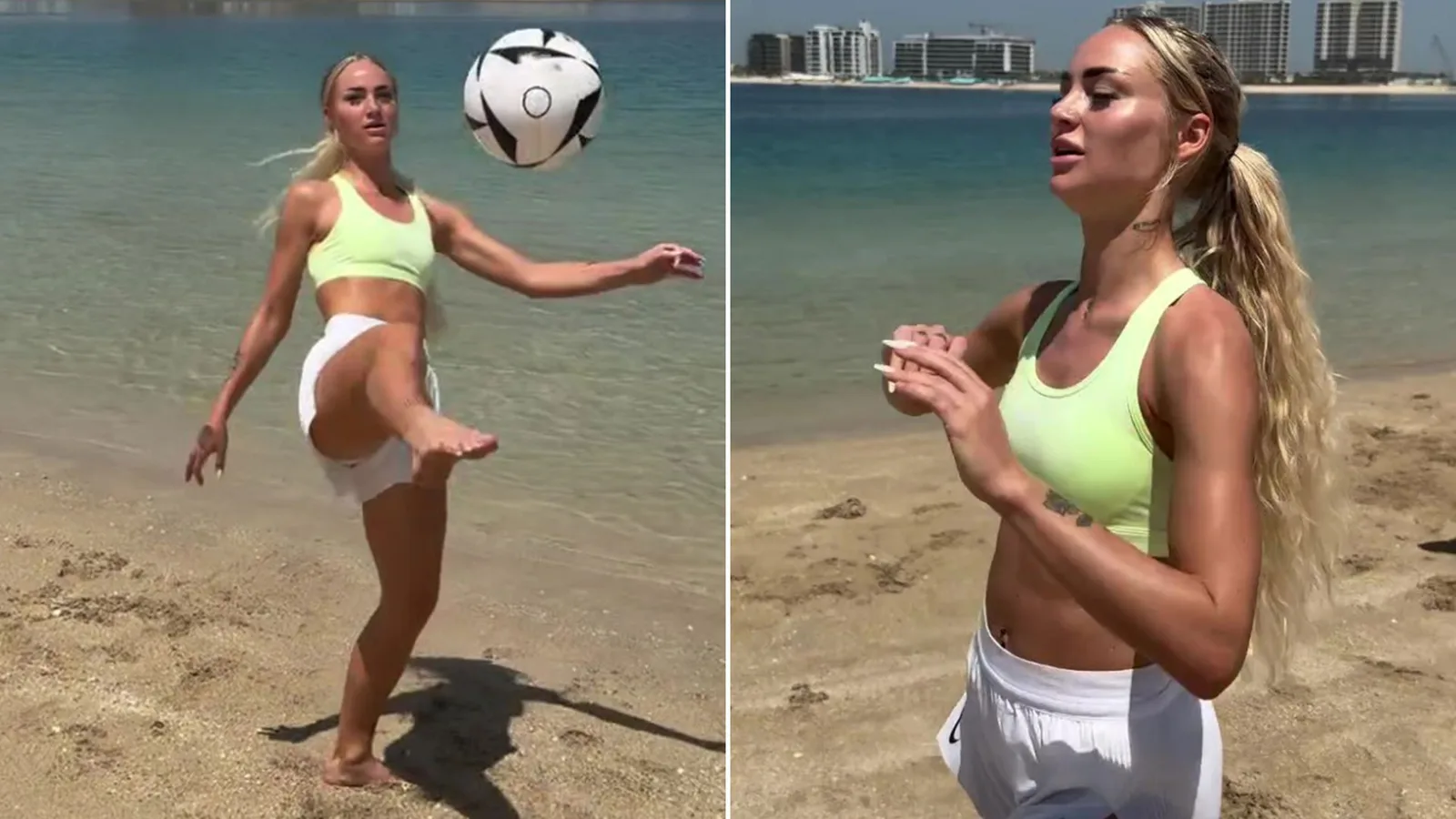 «  Tout simplement le meilleur  » dit que les fans comme «footballeur le plus sexy du monde» Alisha Lehmann montre l’entraînement de la plage dans le soutien-gorge et les shorts sportifs