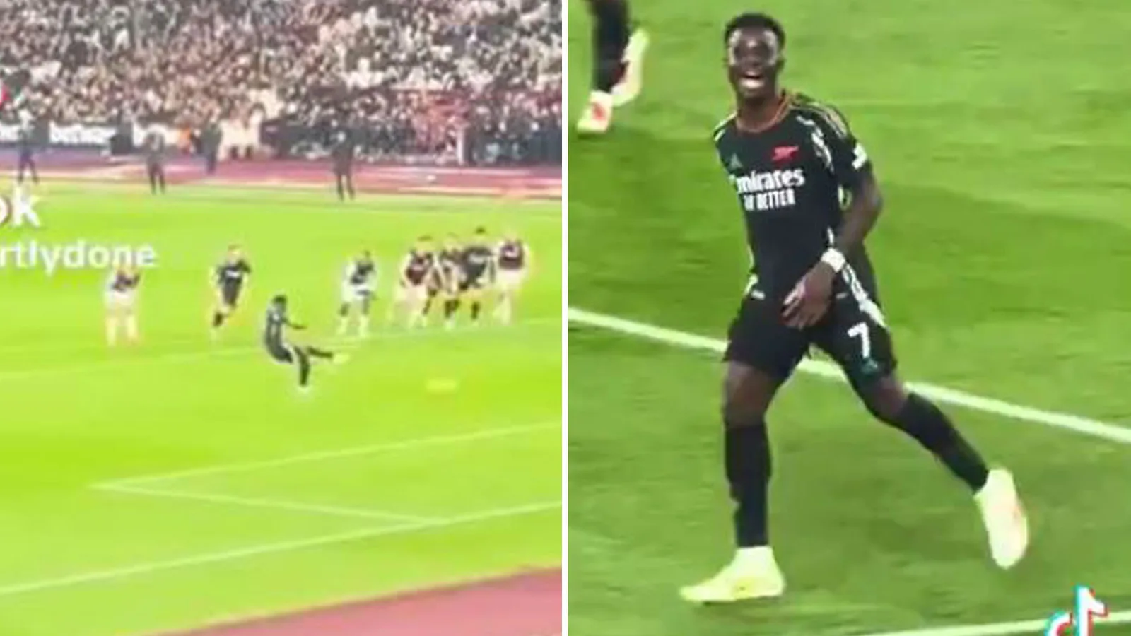 Bukayo Saka semble rire devant les visages des supporters de West Ham alors que les fans d’Arsenal disent « j’adore le nouvel arc des méchants »